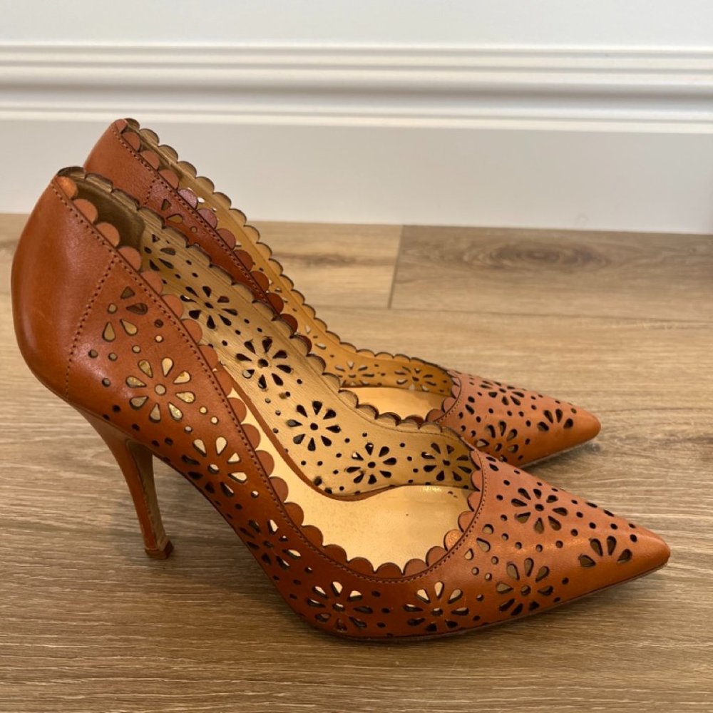 Kate Spade “Lana” Cognac Leather Laser Cut Heels - W8.5